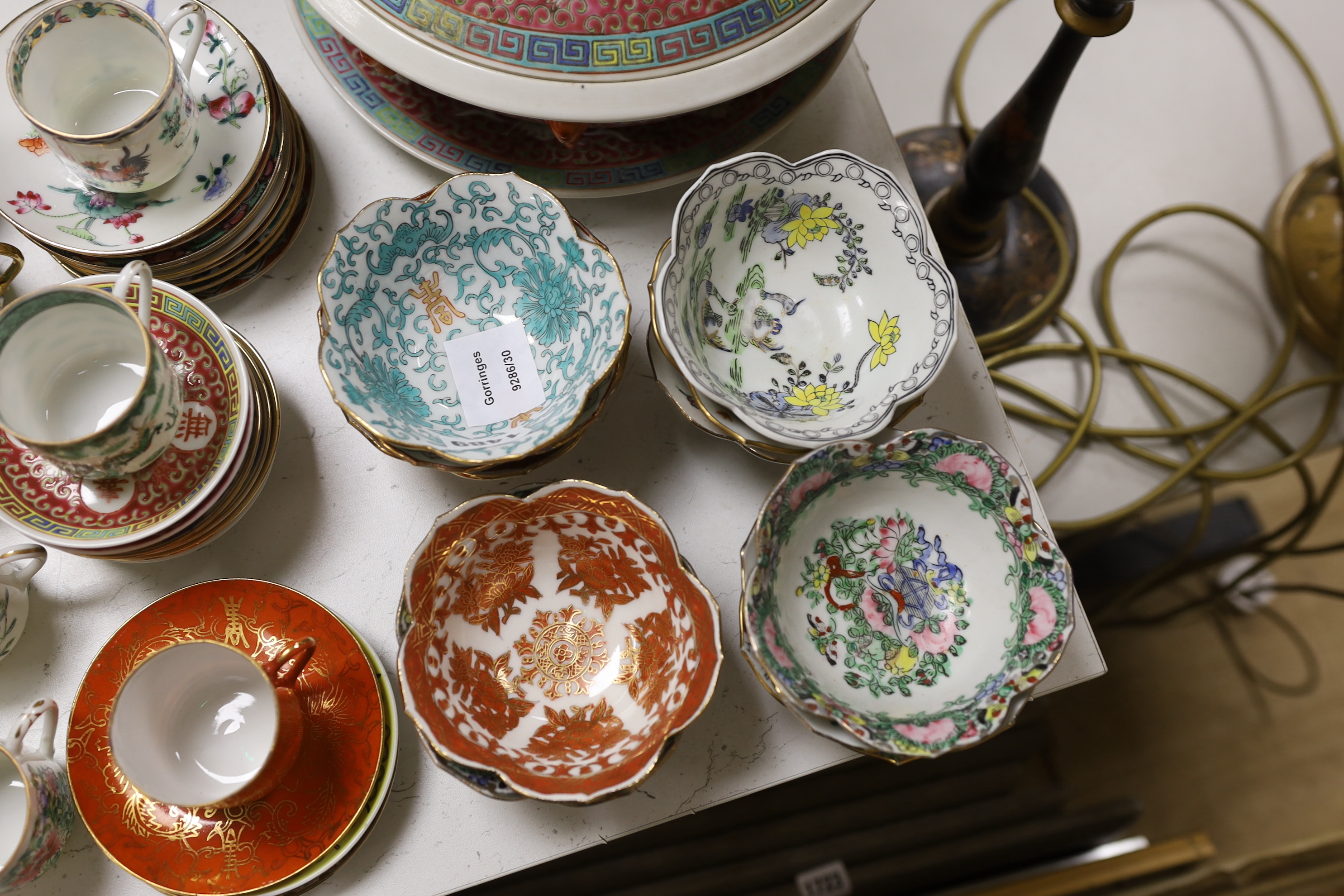 A group of Chinese enamelled porcelain coffee cups and saucers, and similar petal lobed bowls, mid 20th century